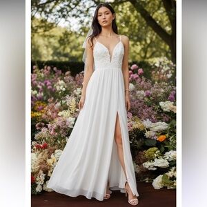 BELLE-APPLIQUÉS LEAF EMBROIDERY MESH INSERT SPLIT THIGH CHIFFON WEDDING DRESS XL